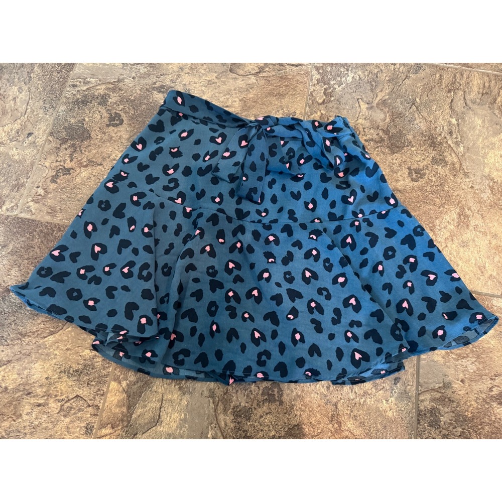 Vestique Skirt Mini Blue Leopard Print Tie Waist Tiered Ruffle Womens Small EUC